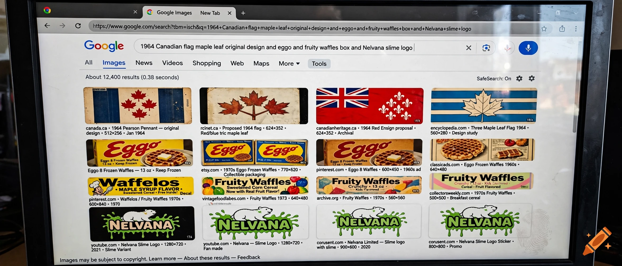 A computer monitor displaying a Google image search results page for historical Canadian flags, vintage boxes, and logos.