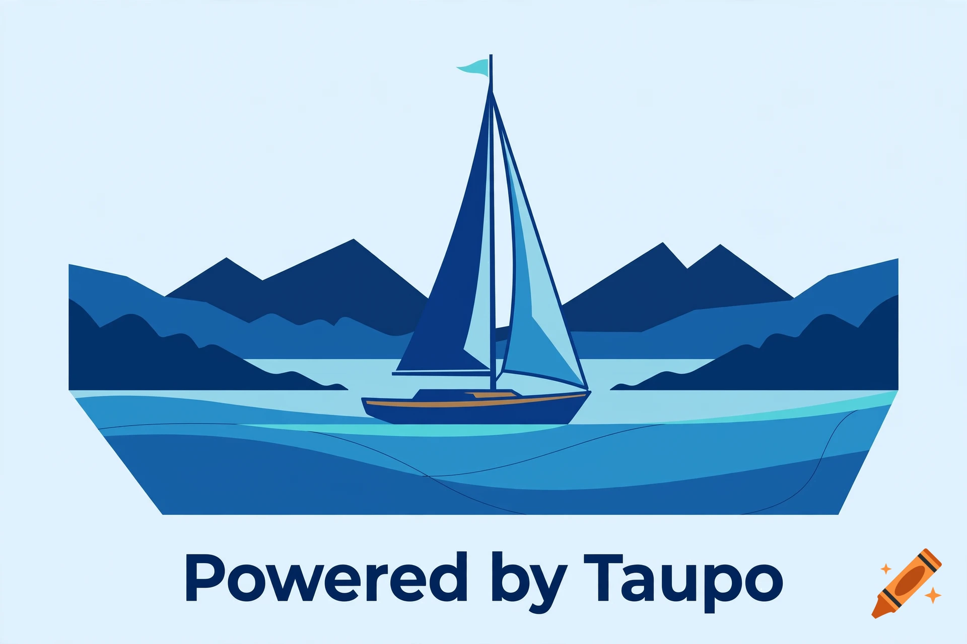 Blue vector art poster of a sailboat on Lake Taupo with mountains in the background and the text Powered by Taupo.