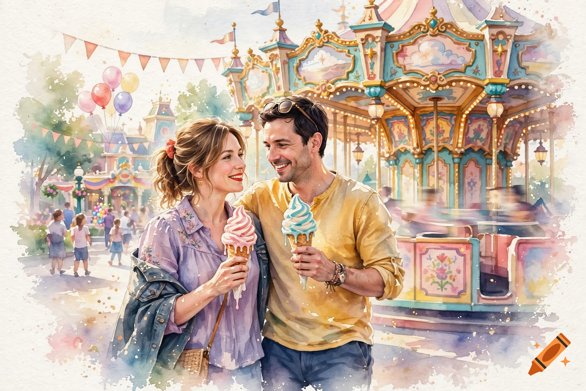 Watercolor painting of a smiling couple holding ice cream cones in front of a carousel at an amusement park.