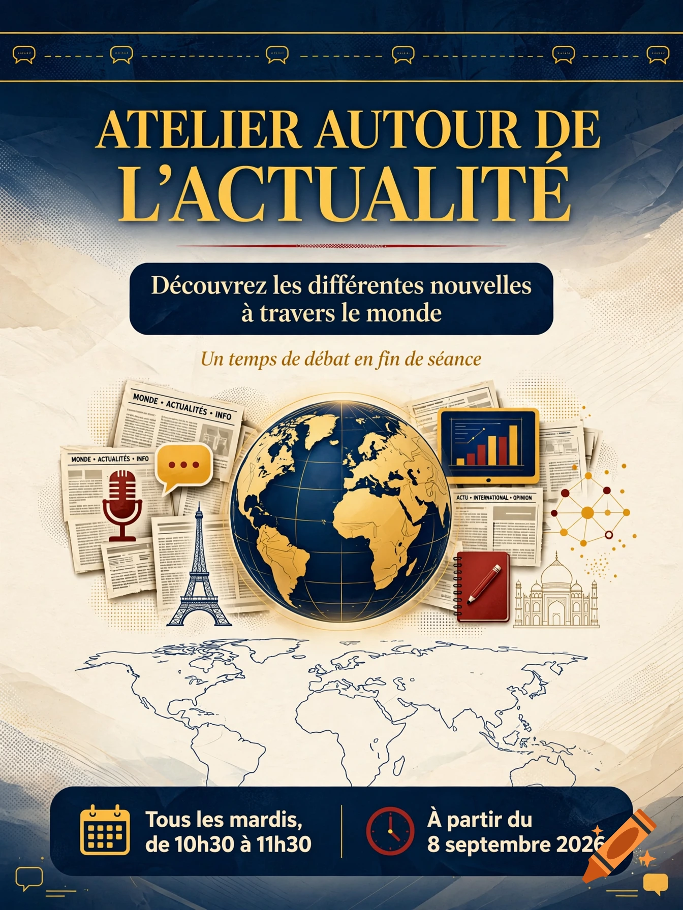 An informative event poster for a news workshop with a world globe illustration and event details.