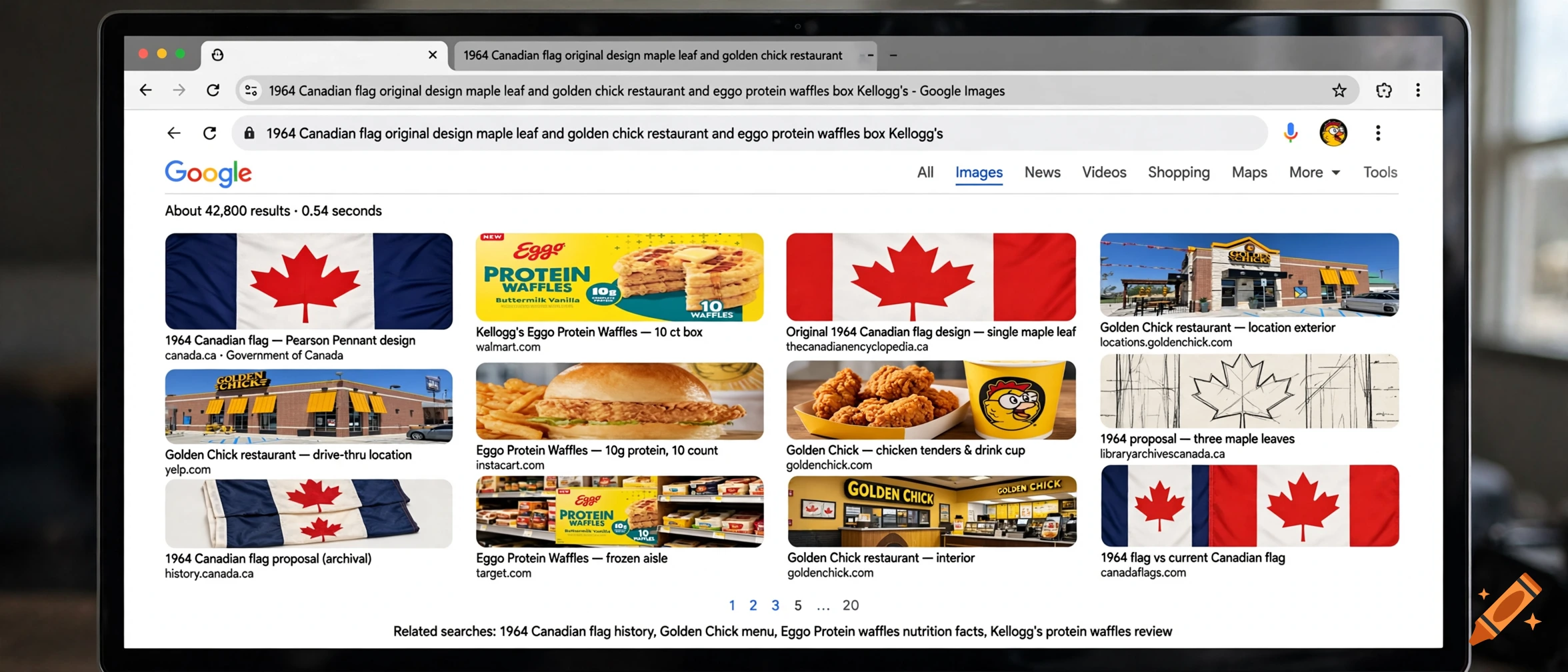A screenshot of a Google Images search results page on a laptop screen, displaying various Canadian flags and restaurant photos.