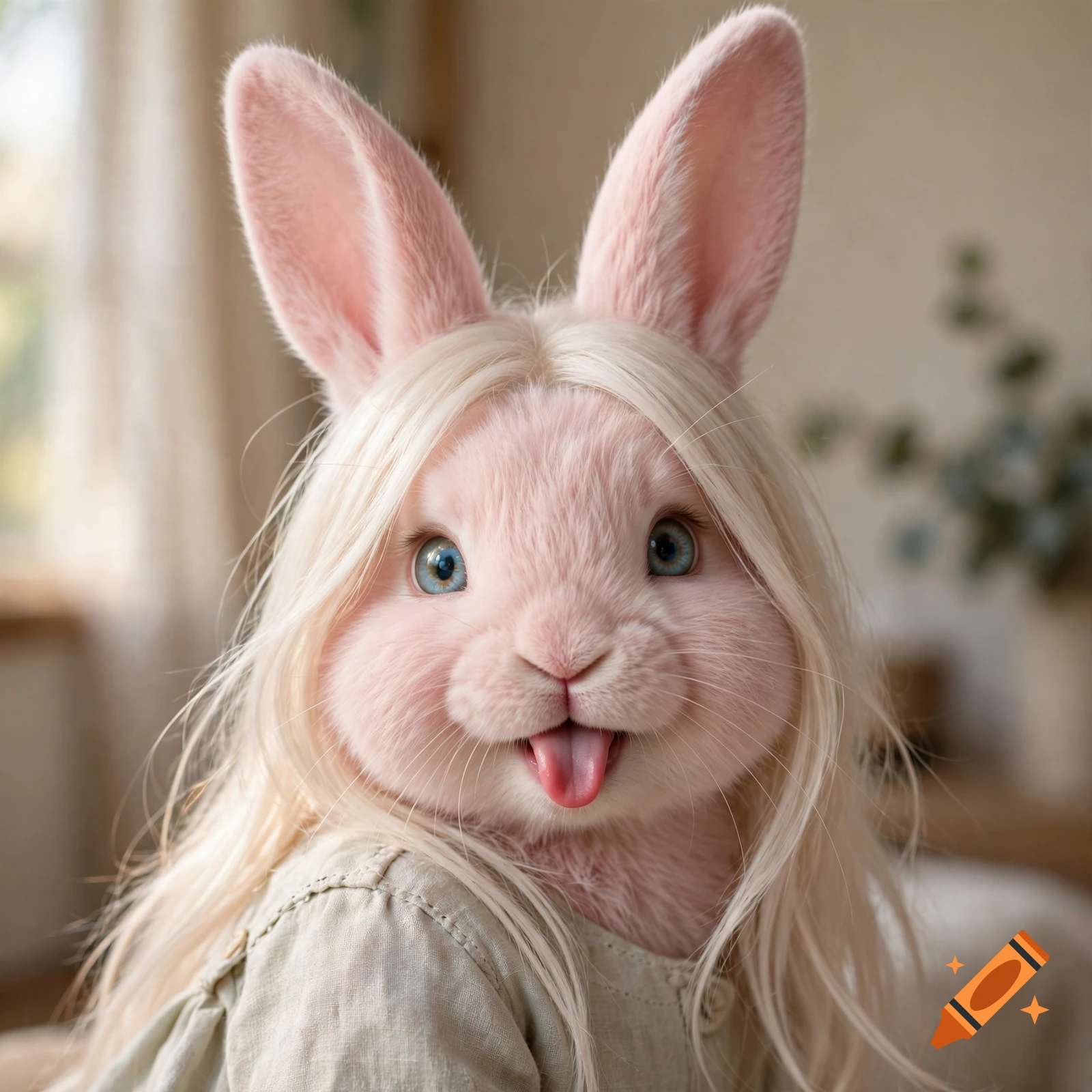 Close-up photorealistic portrait of a cute pink bunny with long ears, platinum blonde hair, and blue eyes, sticking out its tongue.
