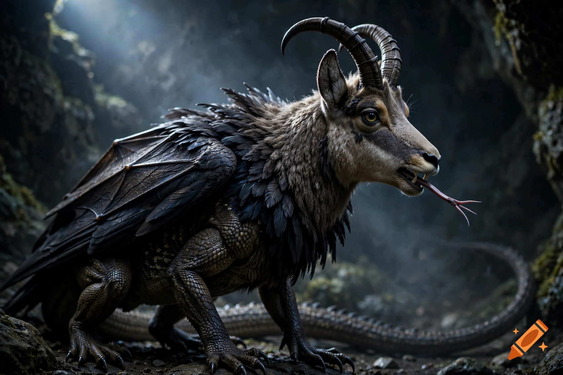 A photorealistic mythical hybrid creature with goat horns, a chamois head, bat wings, scales, and a snake tail, standing in a dark cave.