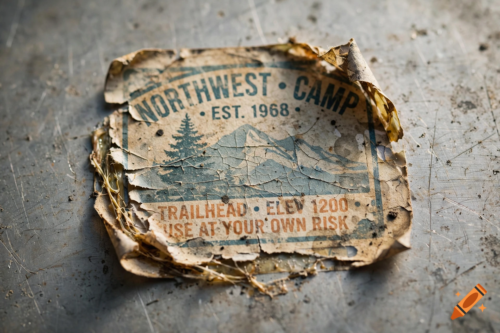 An old, weathered and peeling sticker for Northwest Camp on a metallic surface, featuring mountain and tree graphics.