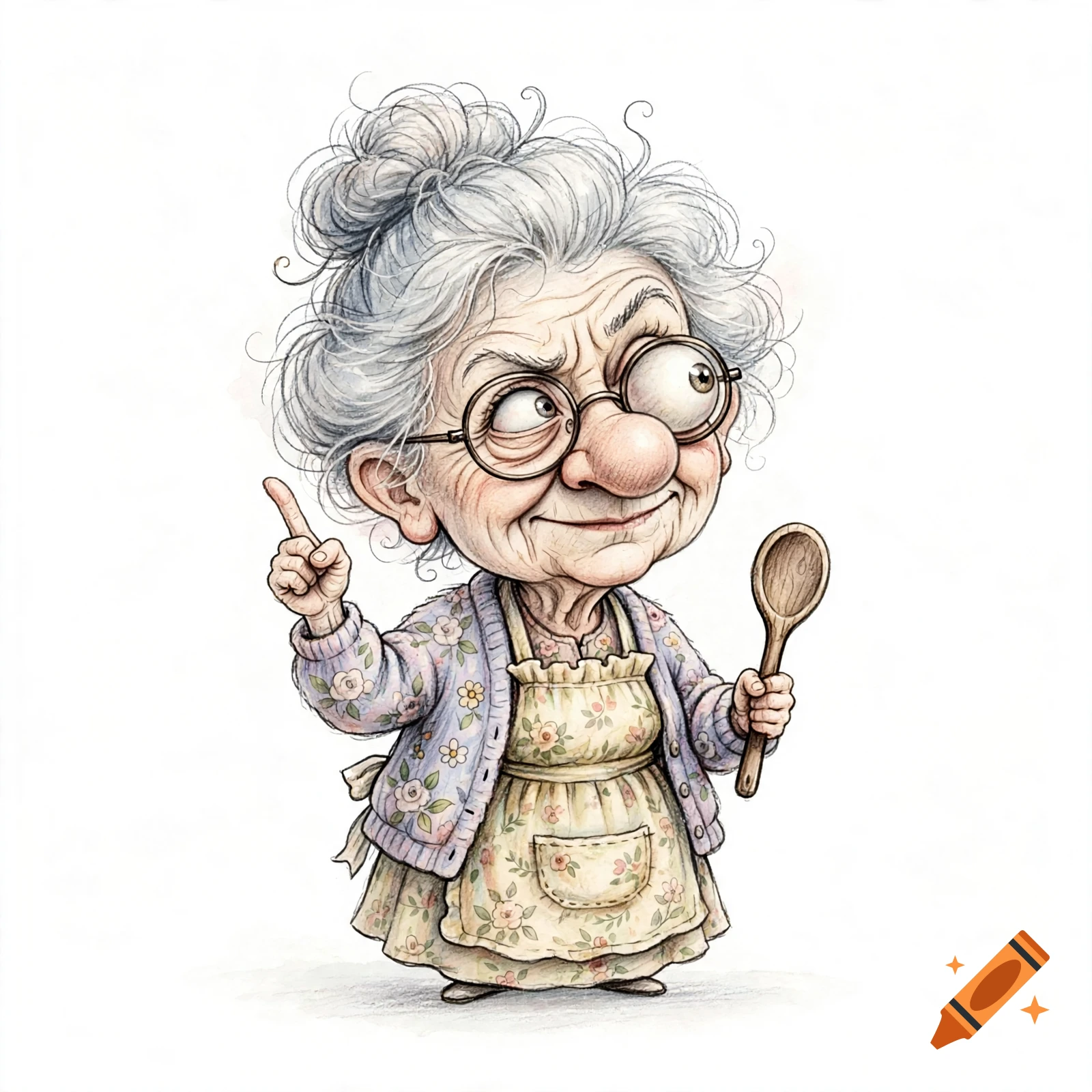 Whimsical watercolor illustration of a grumpy elderly grandmother with a messy bun, huge glasses, holding a wooden spoon and wagging her finger.