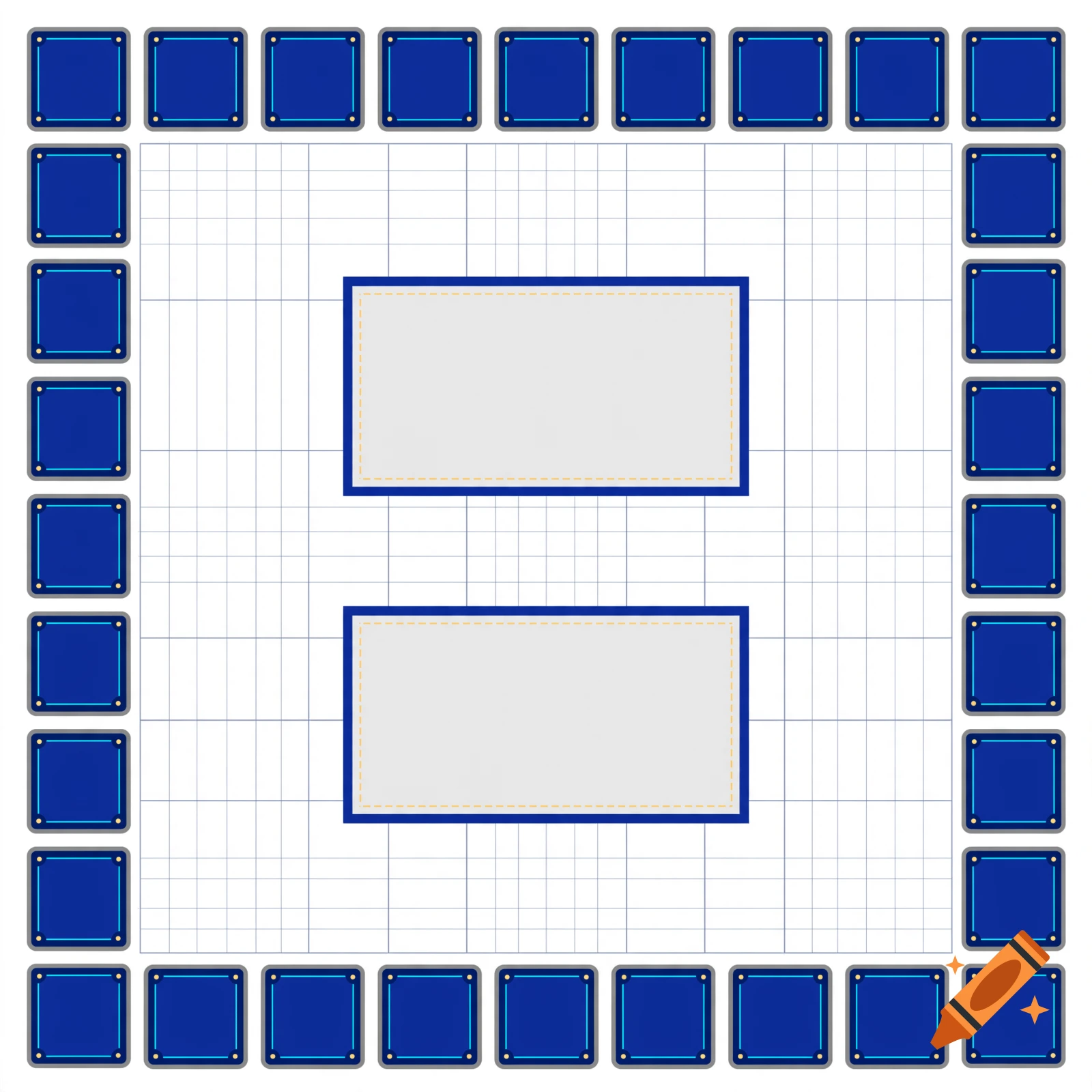 A white grid background framed by blue square tiles, with two rectangular white boxes placed centrally, one above the other.