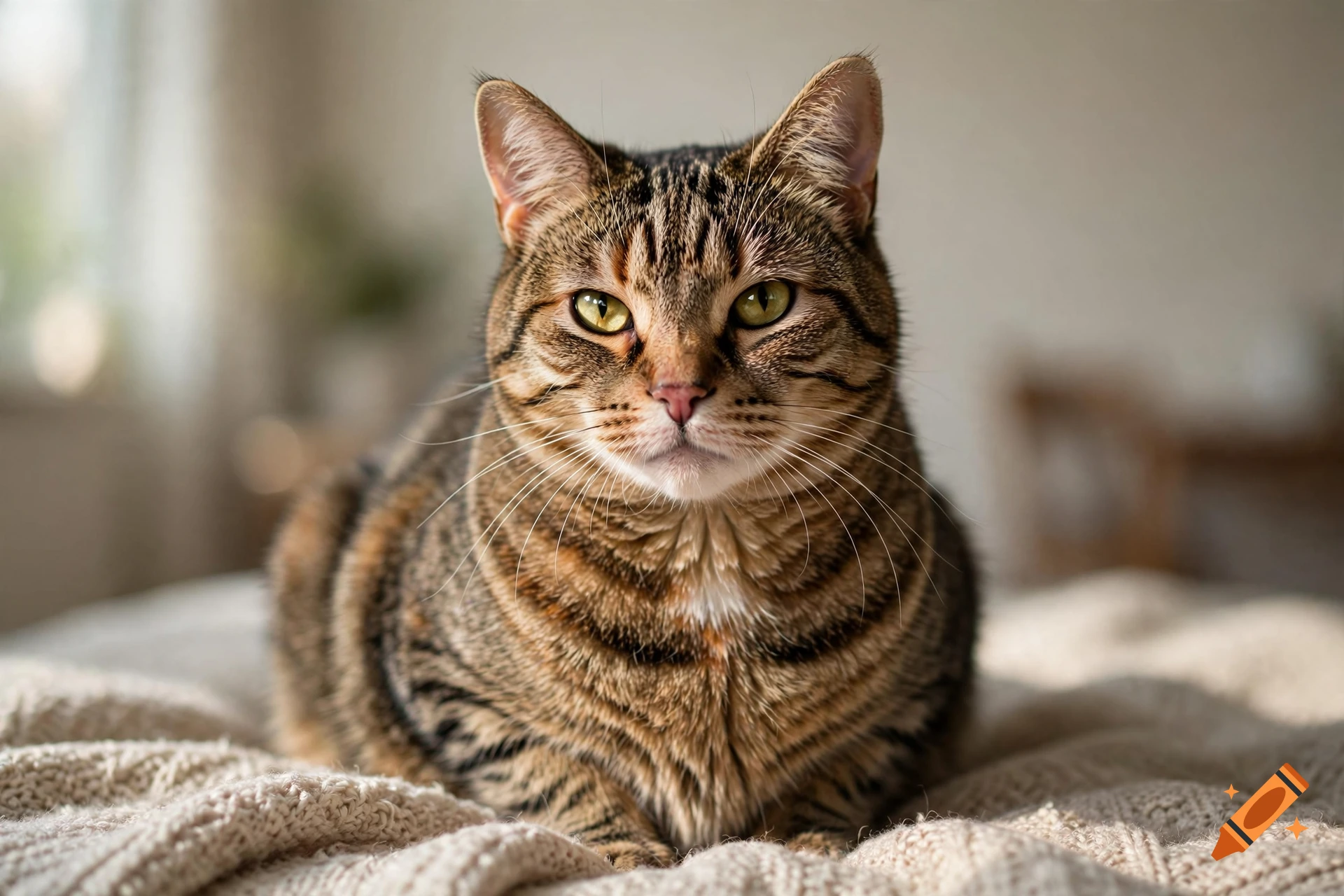 Photorealistic close-up portrait of a tabby cat lying on a knitted blanket indoors.