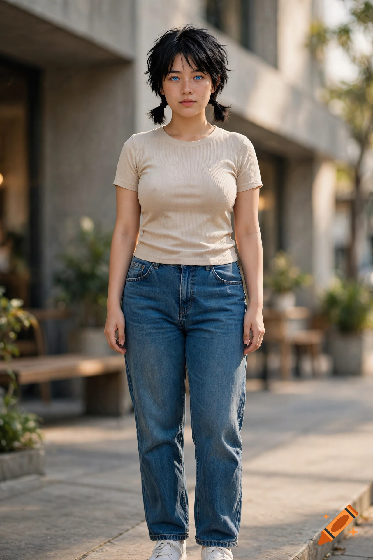 Photorealistic portrait of a young woman with short black pigtails, blue eyes, and a beige t-shirt, standing outdoors.