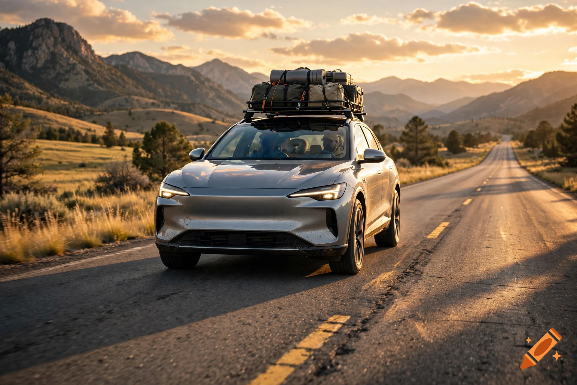 A silver car loaded with cargo on its roof rack drives down a scenic highway stretching toward distant mountains during sunset.