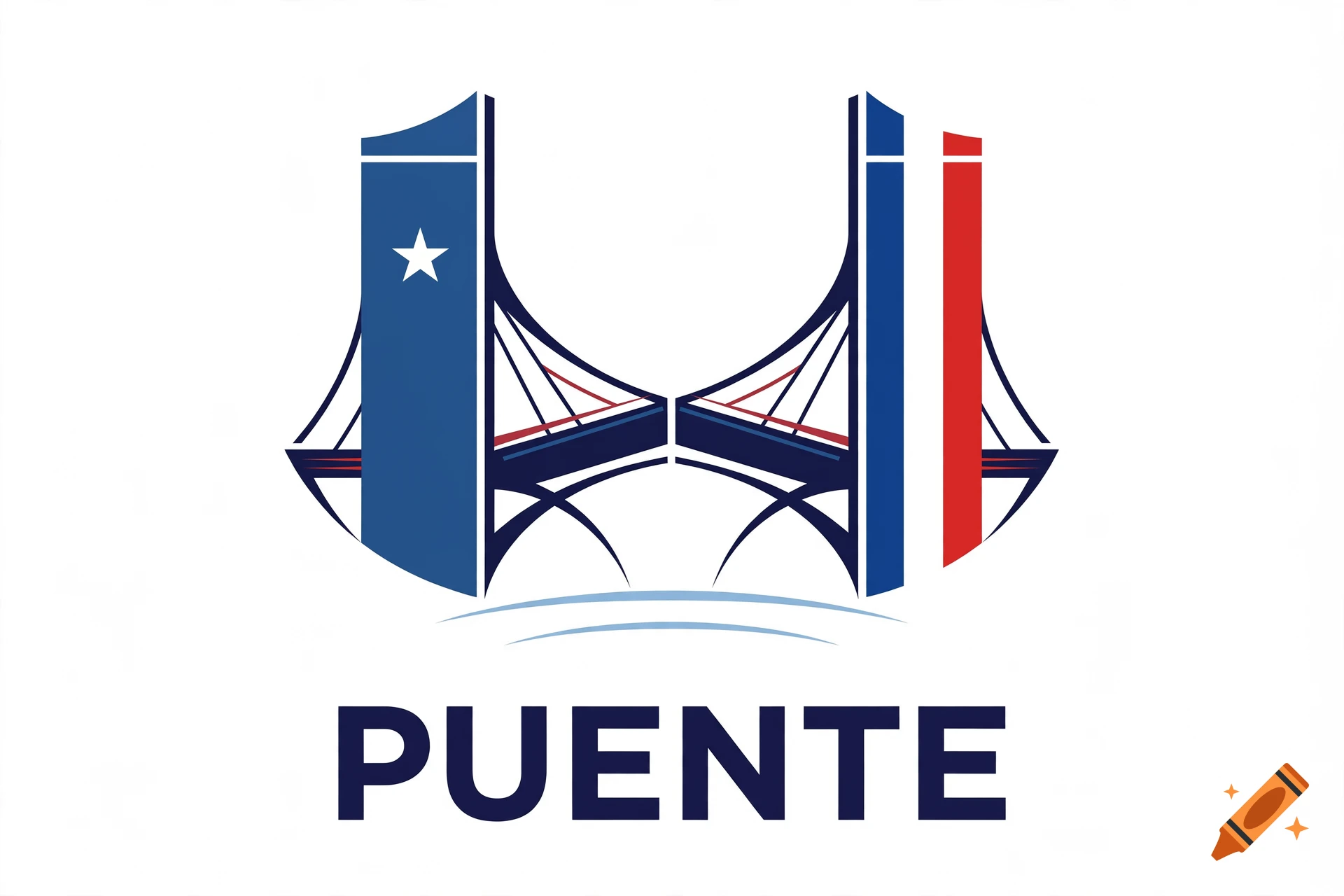 Logo of a bridge symbolizing Chile and France, featuring the word PUENTE in dark blue letters.