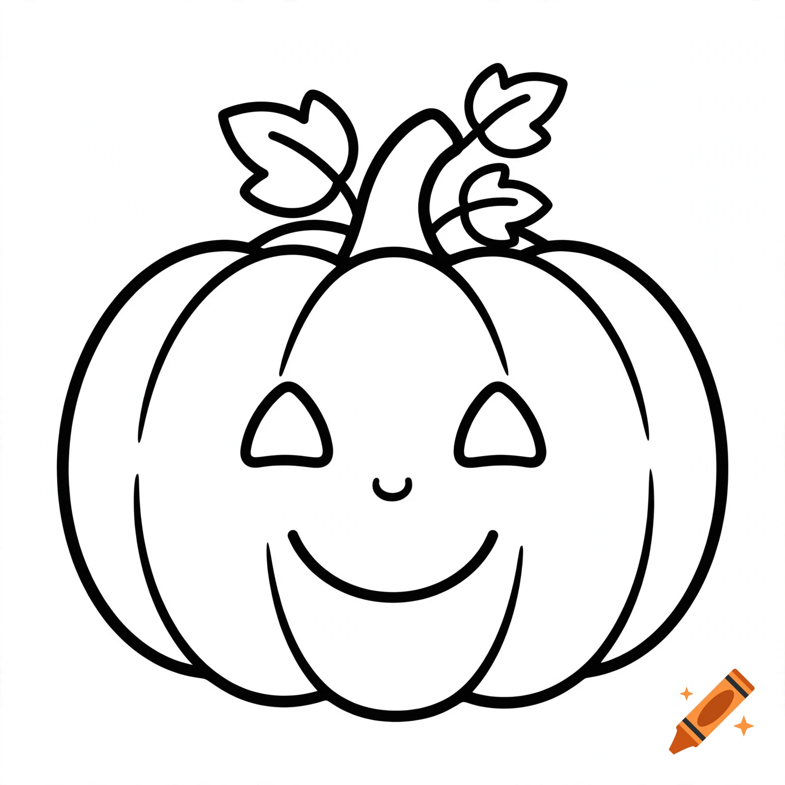 Black and white coloring page of a smiling jack-o-lantern pumpkin with leaves on the stem.
