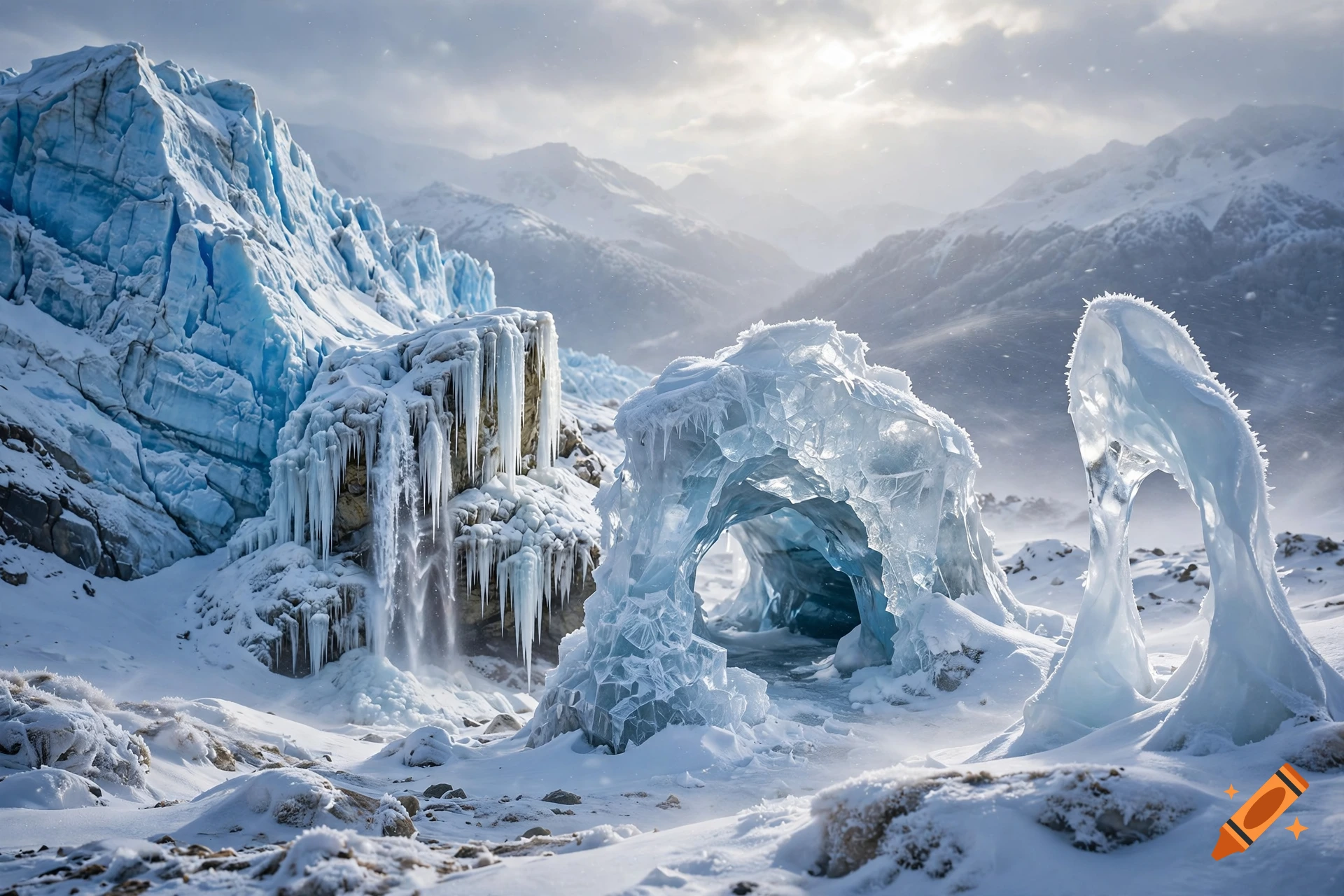 Photorealistic landscape of a snowy mountain glacier with ice caves and icicles under a cloudy sky.