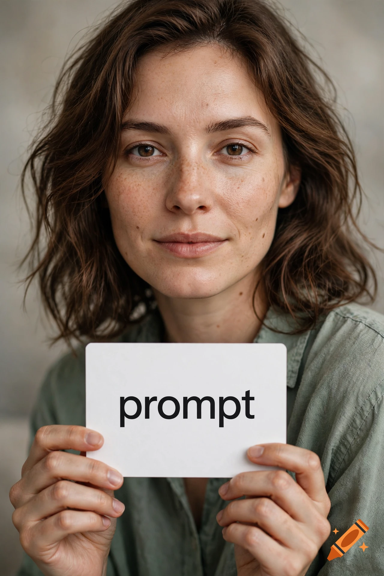 Close-up photorealistic portrait of a woman with freckles holding a white card that reads prompt.
