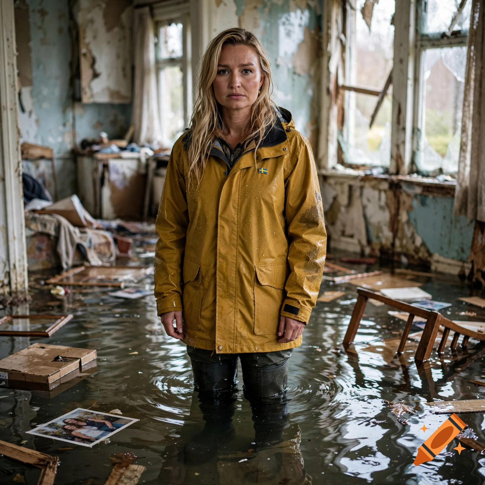 Photorealistic portrait of a woman standing in a flooded ruined house, wearing a yellow raincoat with a Swedish flag pin.