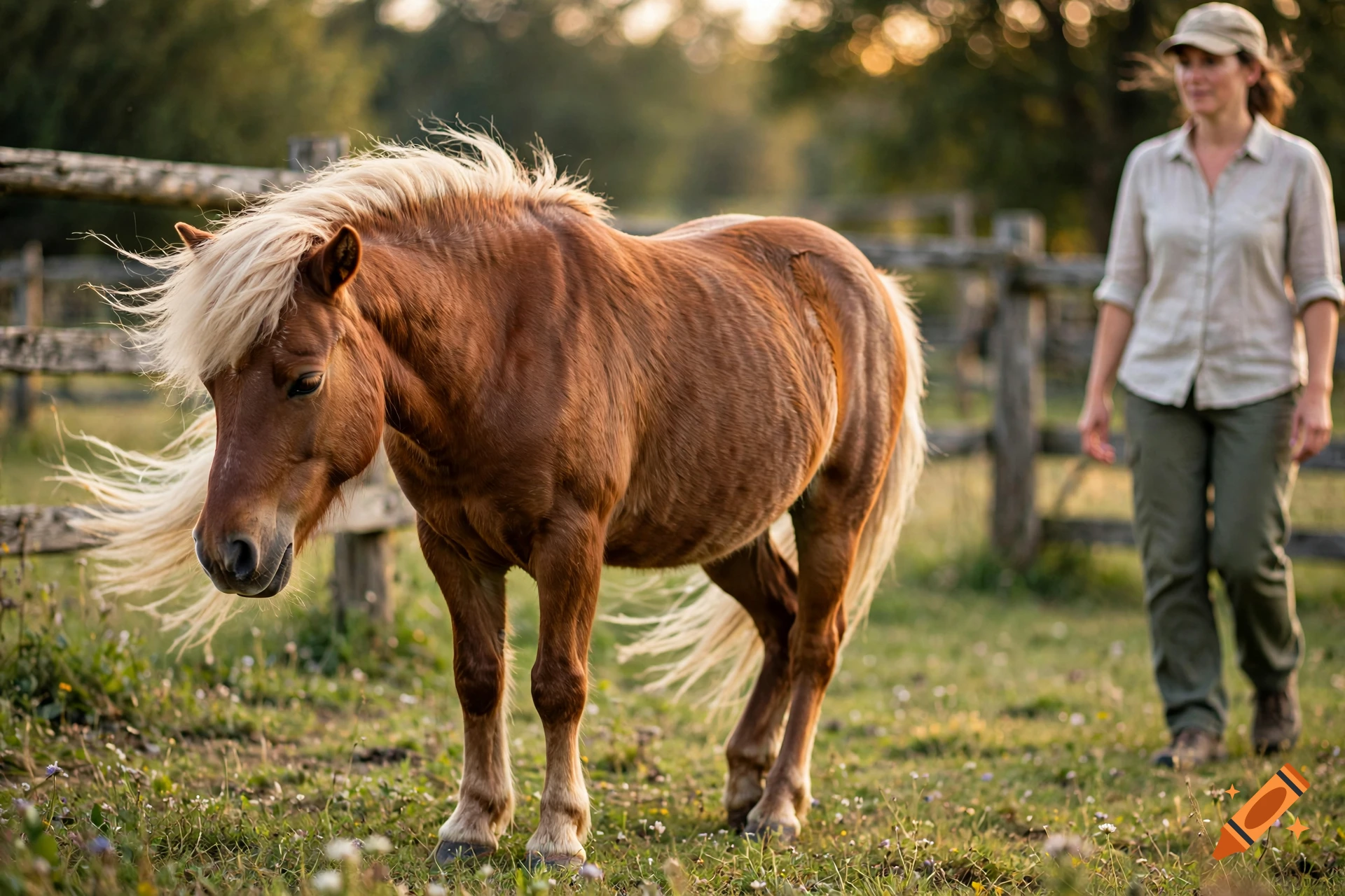 Photorealistic image of a chestnut pony standing in a grassy field with a woman walking towards it in the background.