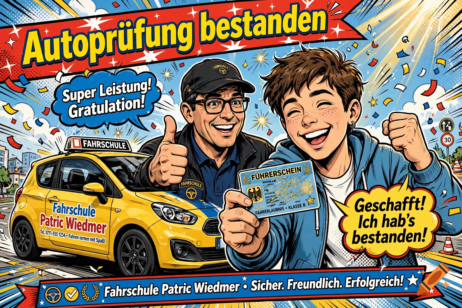Comic style illustration of a young person holding a driver's license, celebrating with a driving instructor and yellow driving school car.