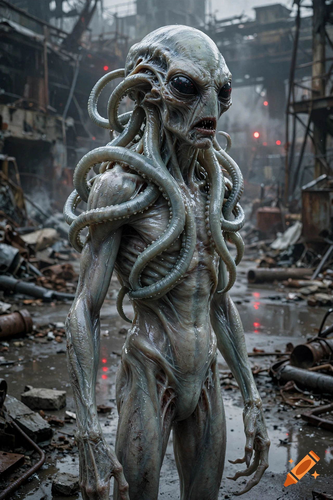 A detailed 3D rendering of a humanoid extraterrestrial creature with tentacle-like appendages around its head standing in a ruined, muddy industrial area.