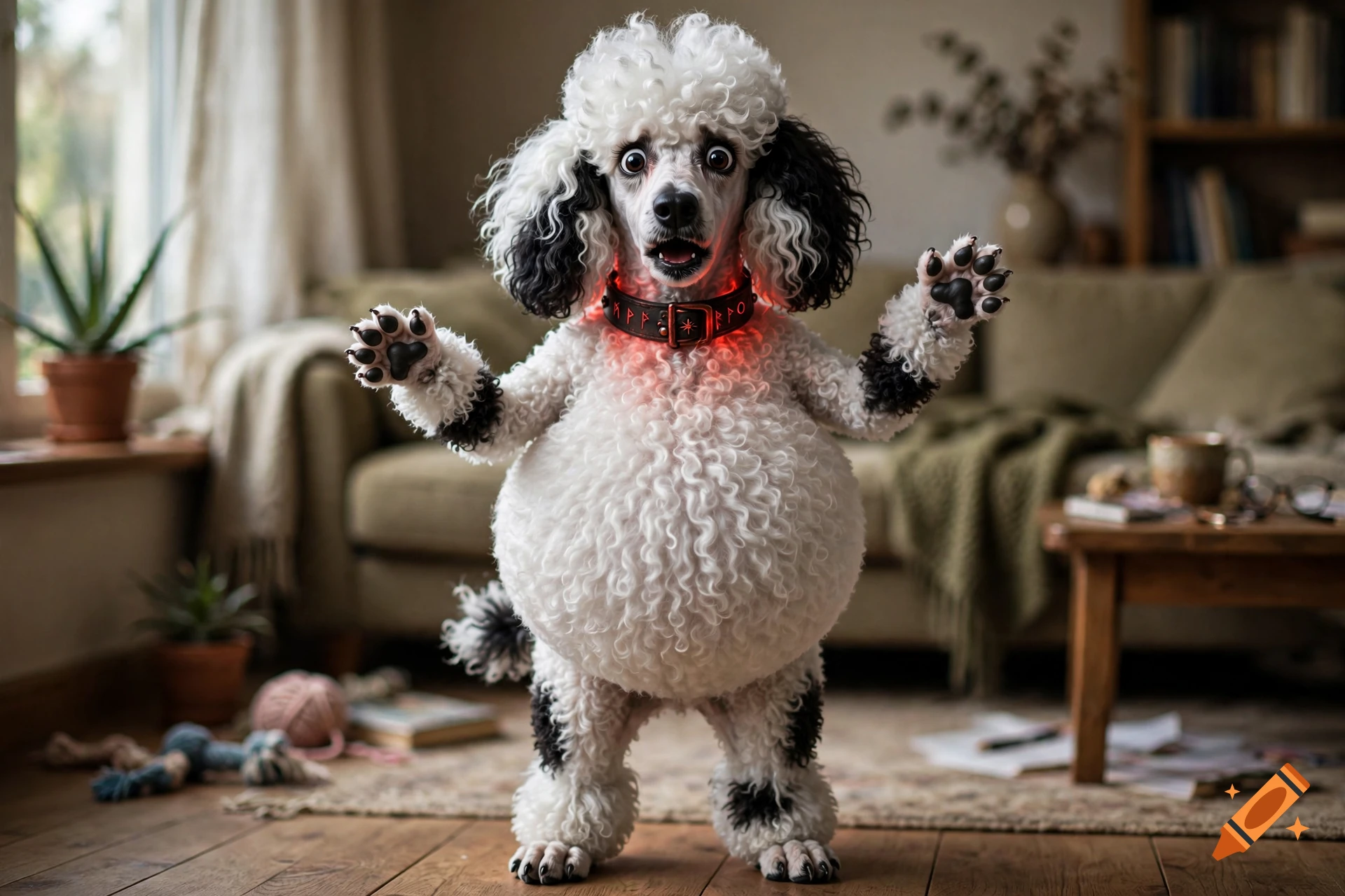 An anthropomorphic white and black poodle with an inflated round belly stands in a living room, wearing a glowing collar.