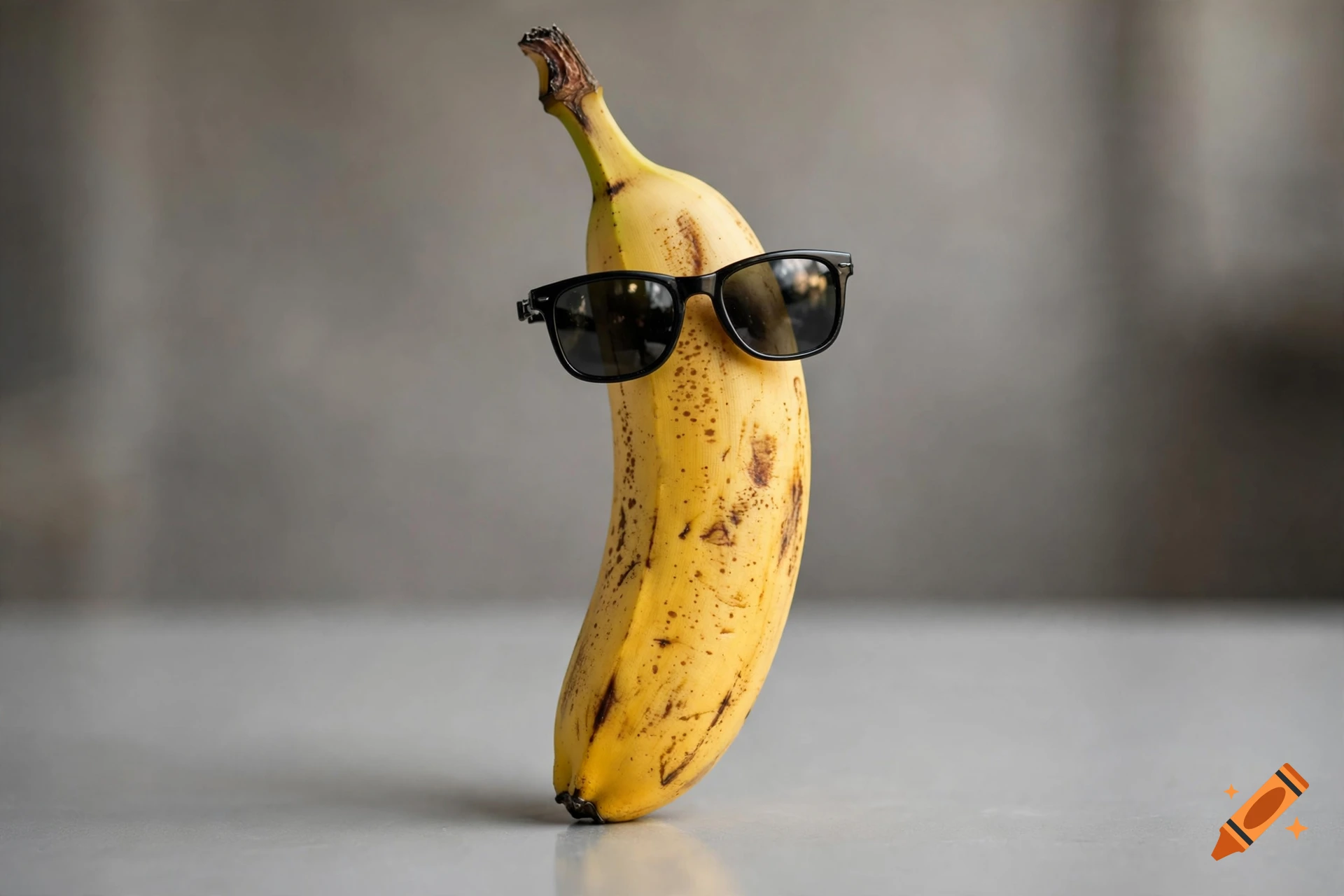A ripe banana standing upright on a grey surface and wearing black sunglasses.