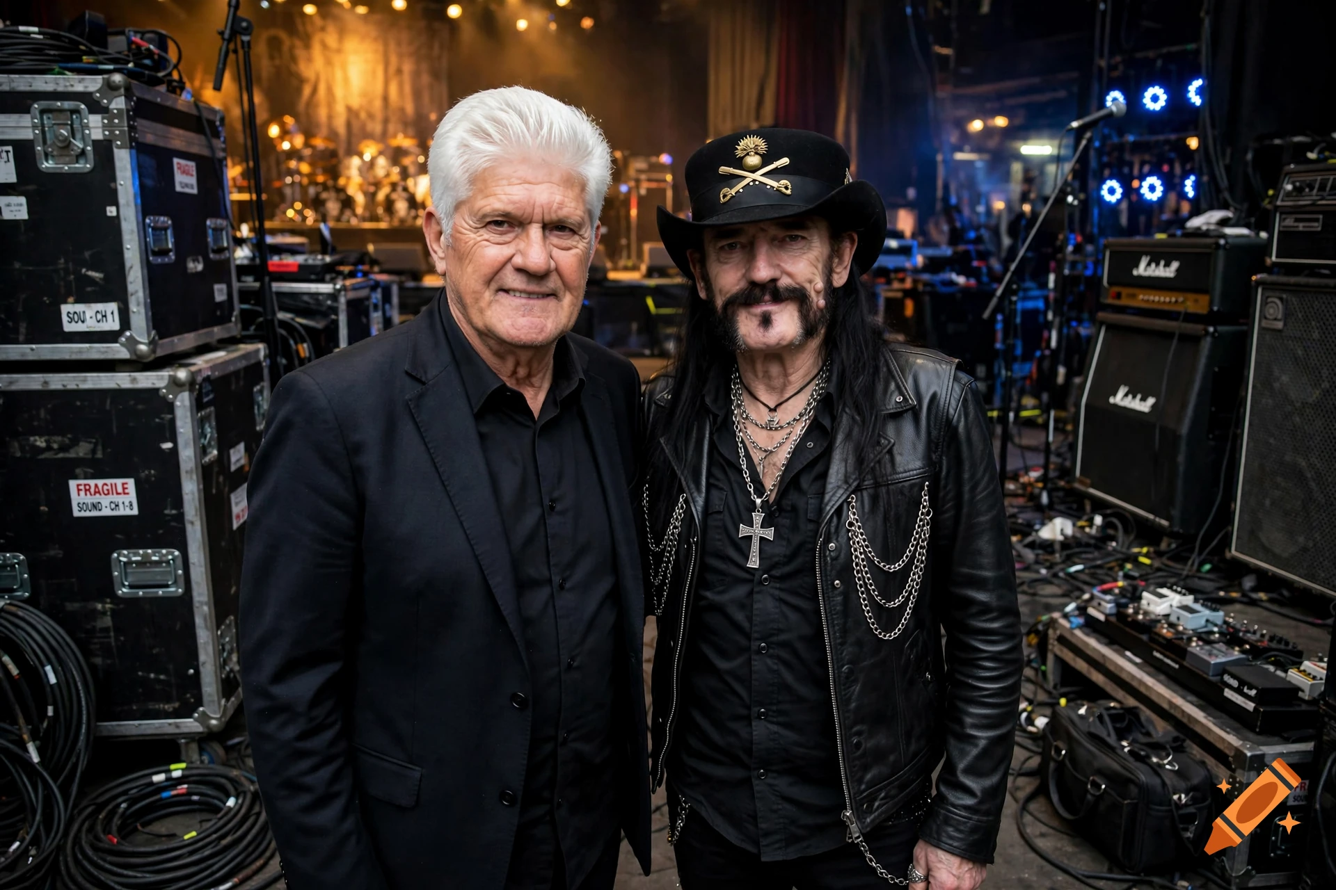 Photorealistic portrait of Werner Lorant and Lemmy standing together backstage in a concert venue filled with audio equipment.
