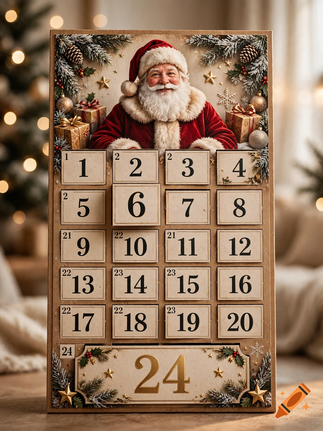 An advent calendar featuring Santa Claus at the top and numbered doors from 1 to 24, decorated with festive pine and stars.