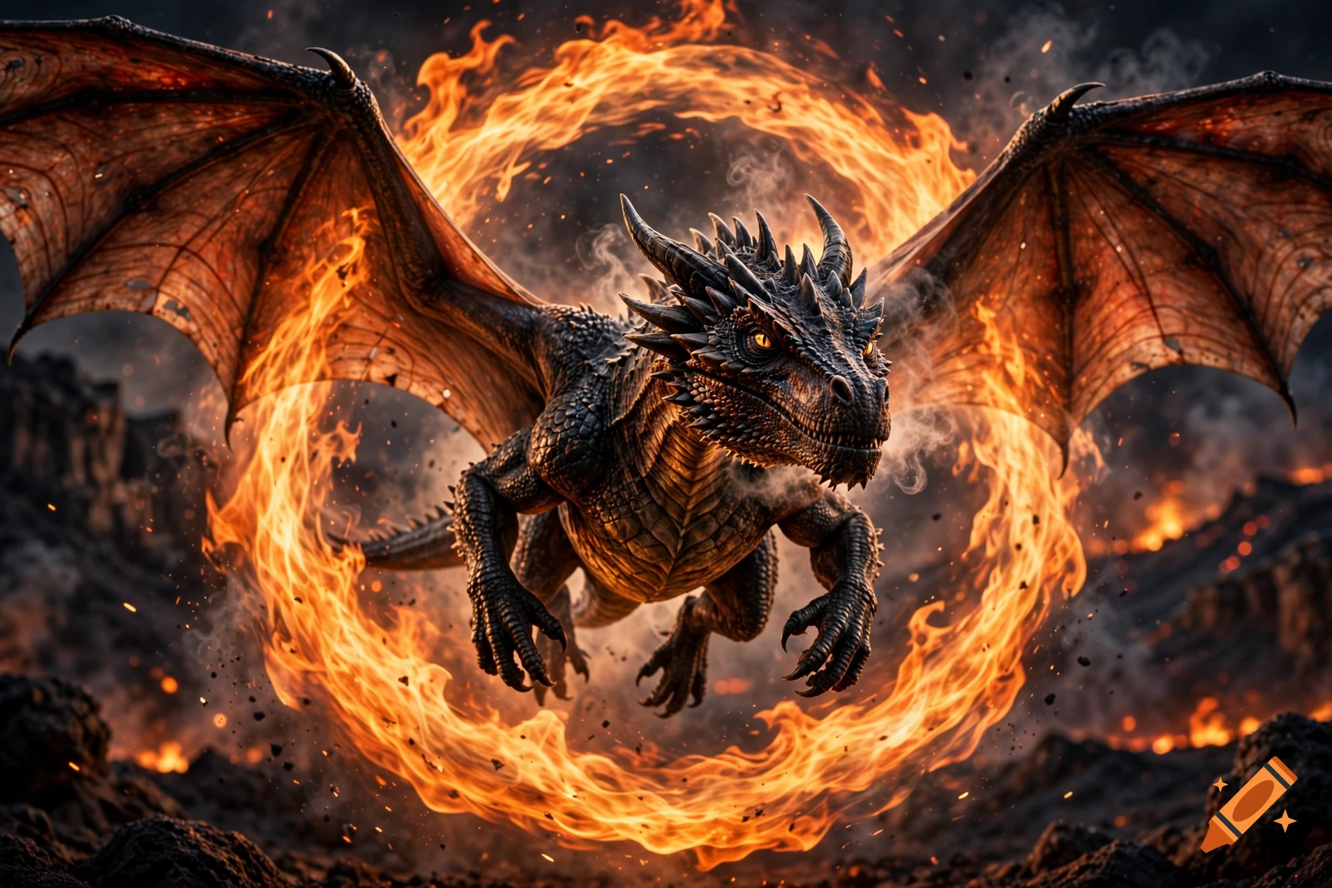 A detailed dark-scaled dragon flying through a ring of bright fire amidst a volcanic landscape.