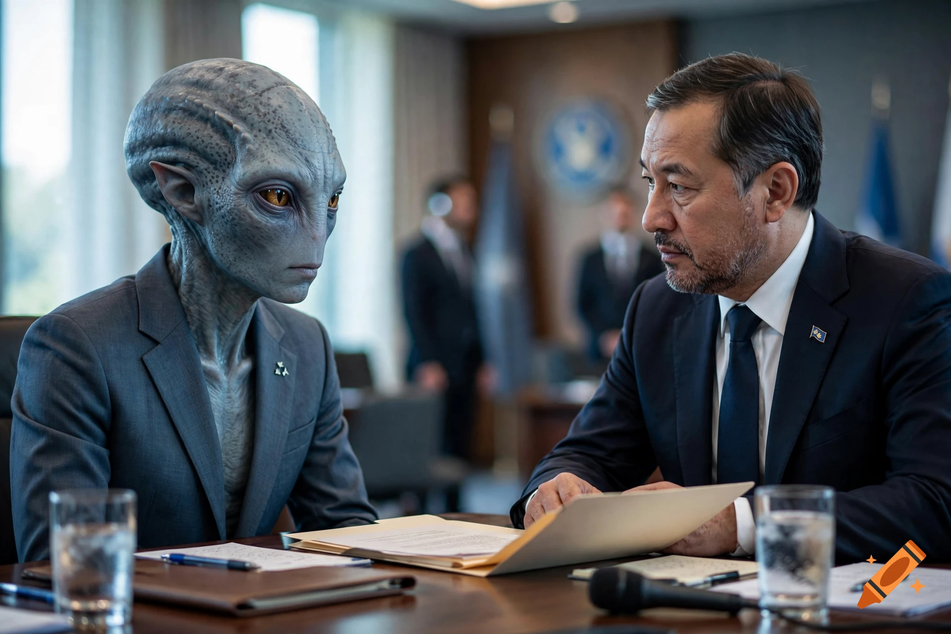 Cinematic photorealistic image of a grey alien in a suit negotiating with a human president at a conference table.