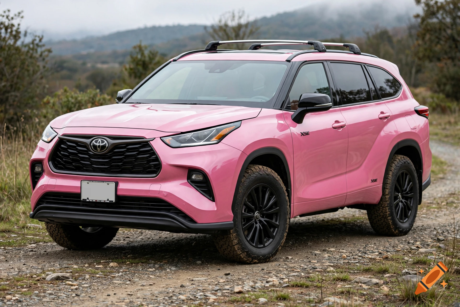 Vibrant pink Toyota Highlander XSE SUV parked on a gravel path in a mountainous landscape.