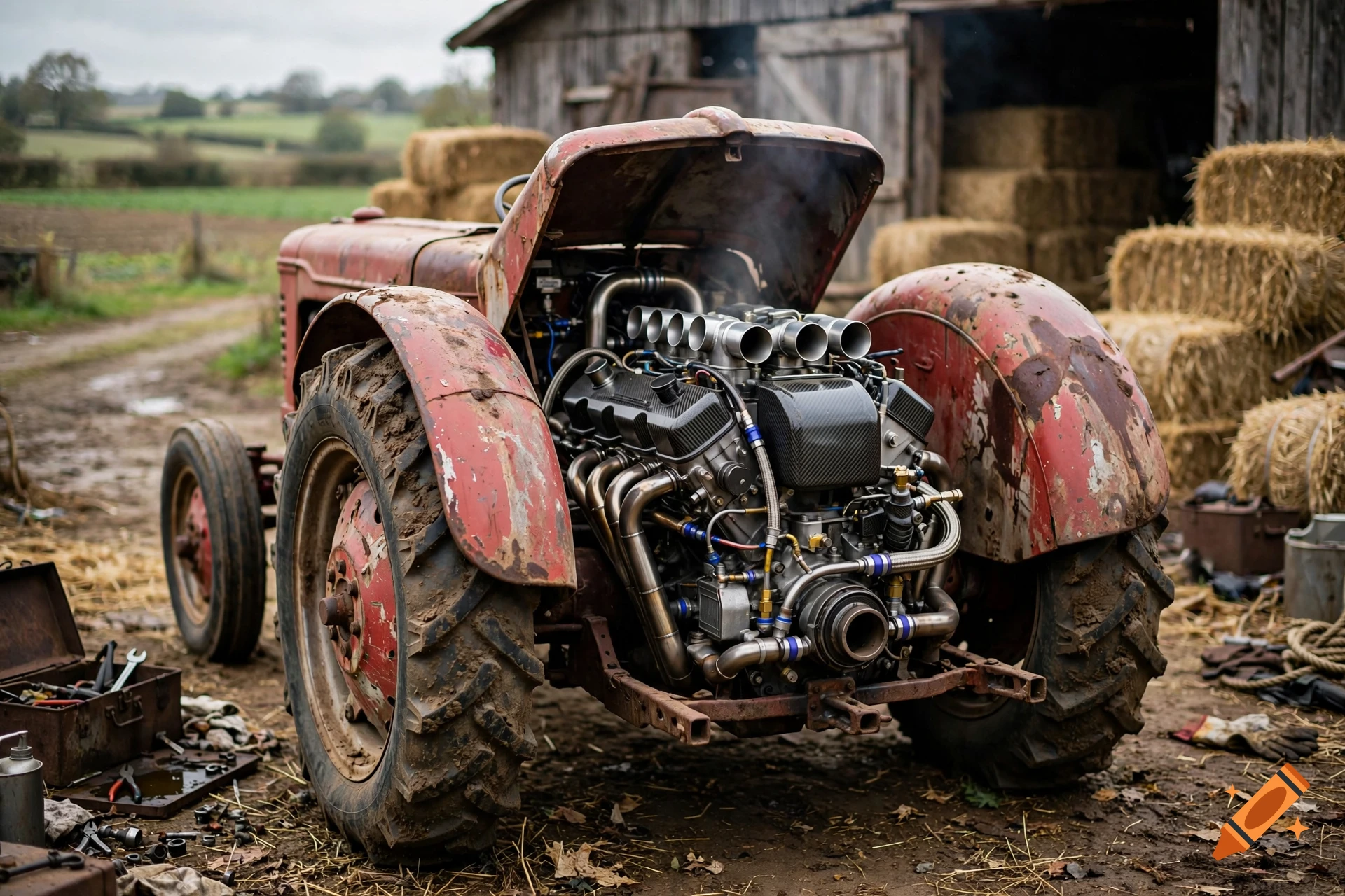 An old, muddy red tractor with its hood open, revealing a powerful Formula 1 engine inside, parked in a farmyard with hay bales in the background, photorealistic.