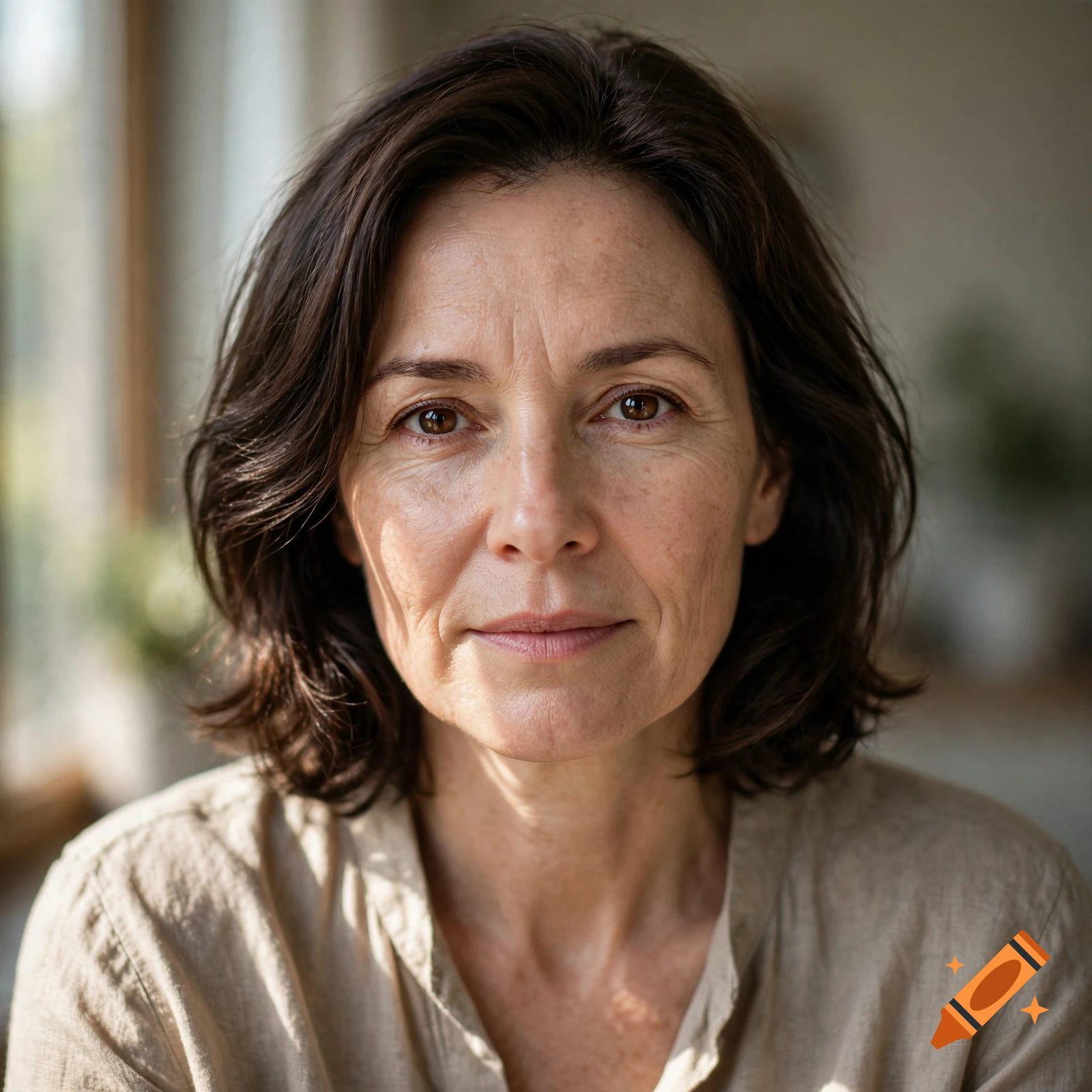 Close-up photorealistic portrait of a 40-year-old brunette woman with brown eyes and white skin, softly lit indoors.