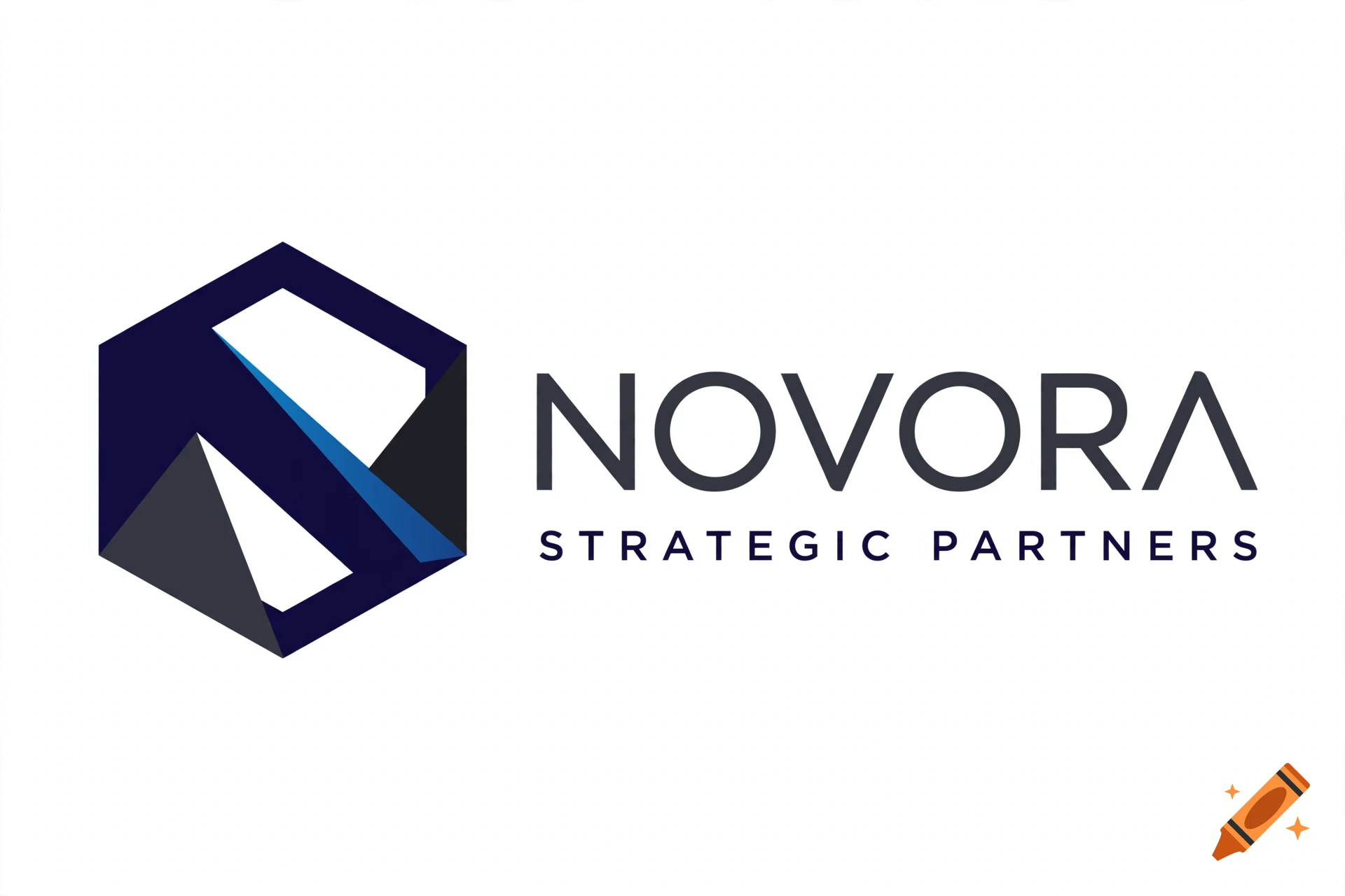 Minimalist corporate logo with a blue and dark grey geometric hexagon icon and the text NOVORA STRATEGIC PARTNERS.