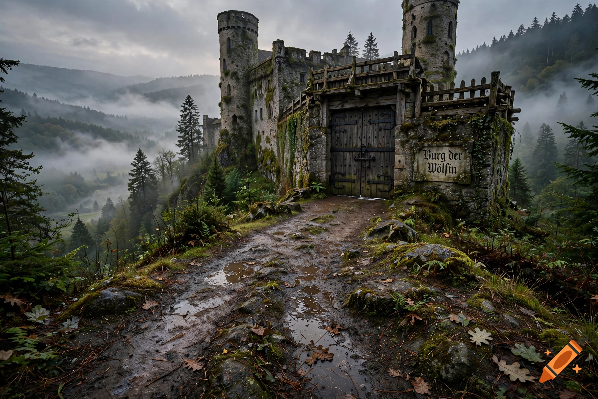An old stone castle with wooden gates and towers perched on a hill surrounded by a misty forest and mountains.