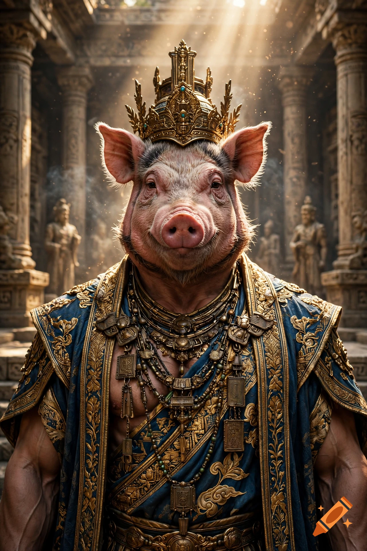 Photorealistic portrait of a humanoid pig deity wearing an ornate golden crown and blue and gold robes inside an ancient temple.