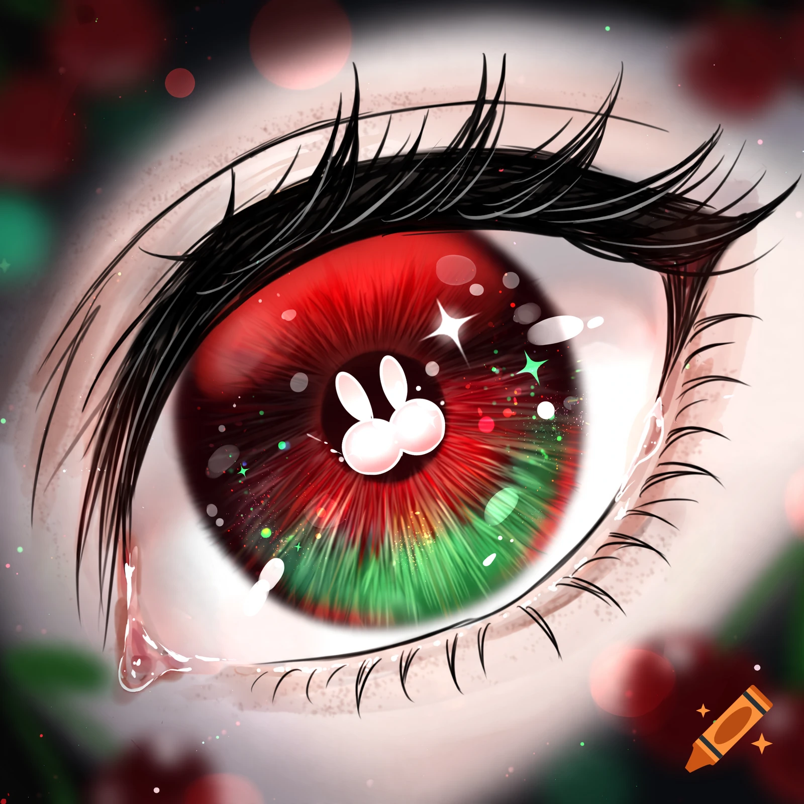 Close-up digital illustration of a detailed red and green eye with a glossy reflection of white rabbit ears in the pupil and thick black eyelashes.