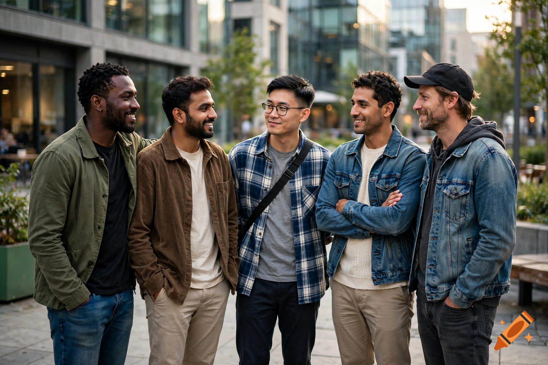 Photorealistic image of a diverse group of five men smiling and chatting outdoors in an urban setting.