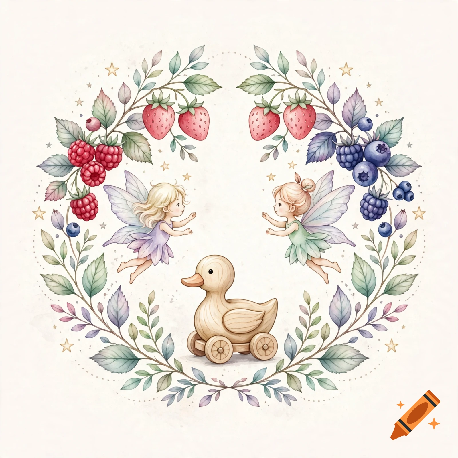 A watercolor illustration of two fairies and a wooden duck toy surrounded by a botanical wreath of berries, leaves, and tiny stars.