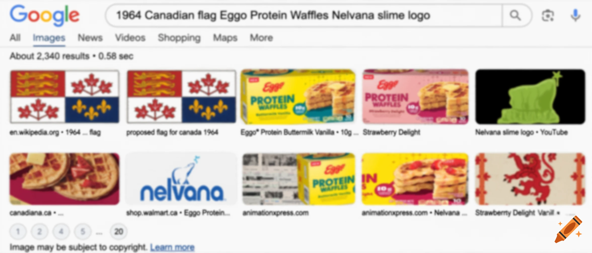 Screenshot of a Google image search results page for 1964 Canadian flag, Eggo protein waffles, and Nelvana slime logo.