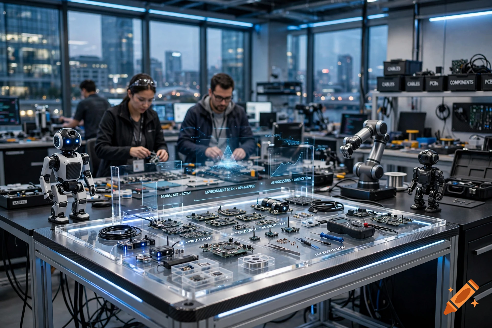 Photorealistic laboratory setting with scientists working, robotic arms, and futuristic holographic interfaces.