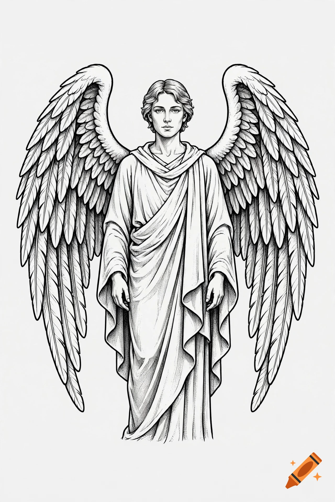 Black and white line art tattoo design of a serene angel with large, symmetrical feathered wings and a flowing robe.