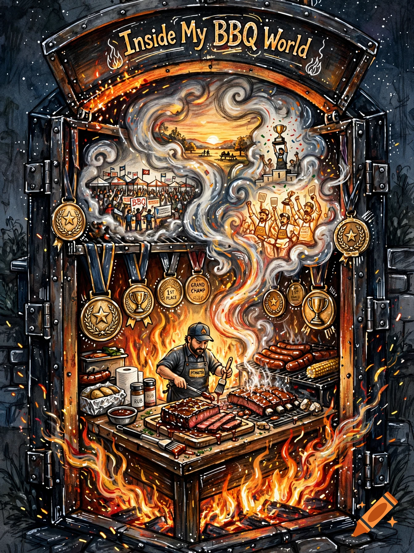 An artistic illustration inside a giant BBQ grill featuring a pitmaster cooking, medals, and memories in smoke, labeled Inside My BBQ World.