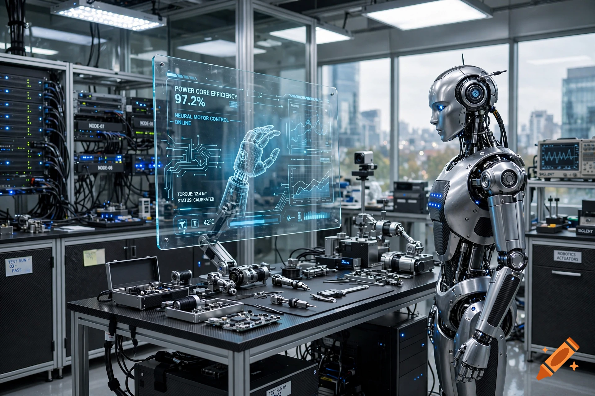 Photorealistic image of a humanoid robot in a high-tech laboratory with a holographic display showing power core efficiency data.