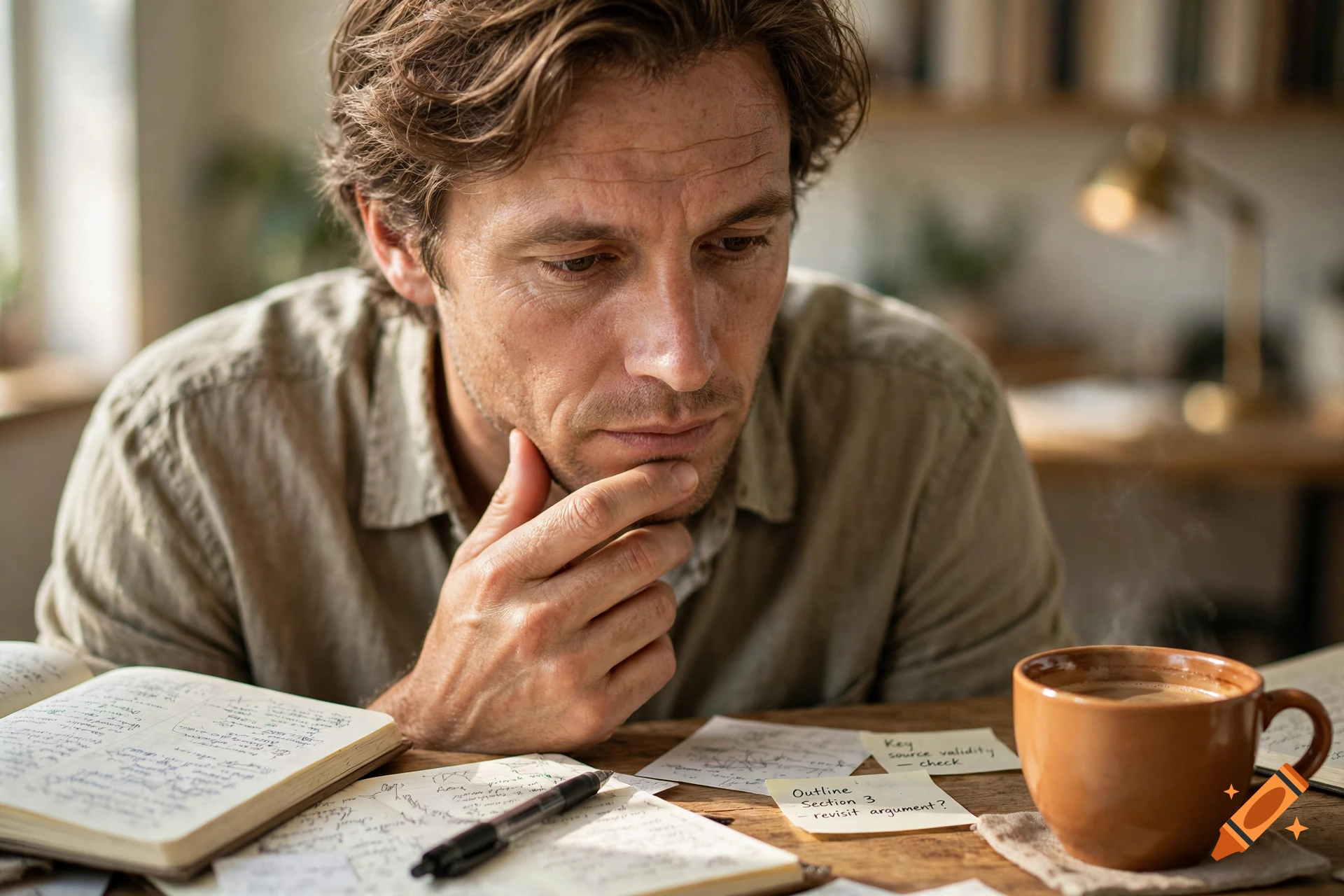 Photorealistic close-up of a pensive man resting his chin on his hand at a wooden desk with handwritten notes and coffee.