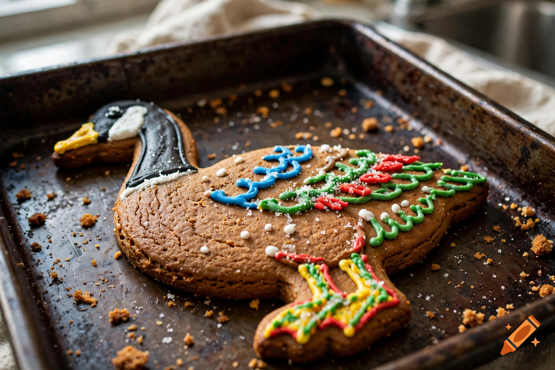 A Canadian goose-shaped gingerbread cookie decorated with colorful icing on a baking sheet.