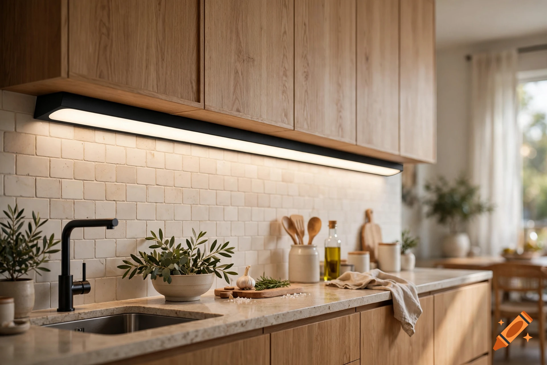 Photorealistic modern kitchen interior with wooden cabinets, tile backsplash, and LED lighting fixture.