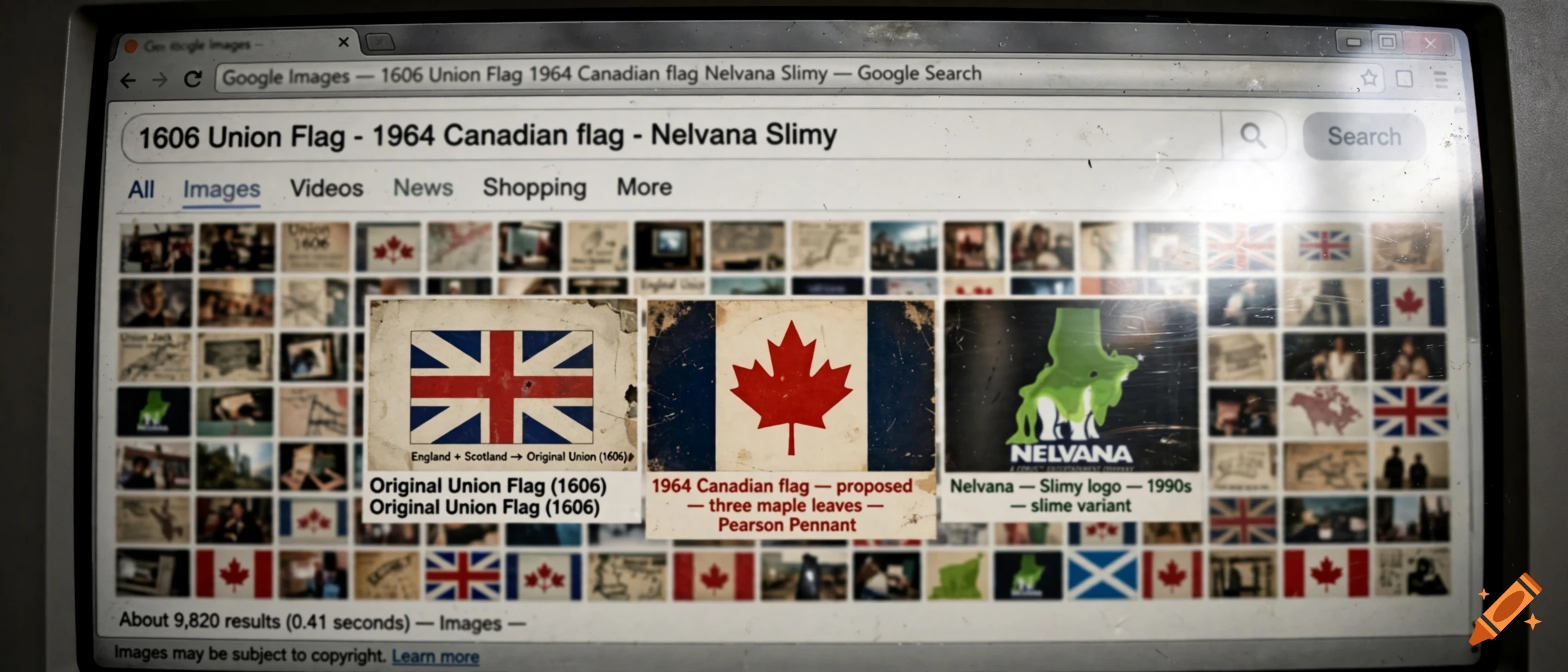 Close-up of a computer monitor displaying a Google image search for historical flags and a logo.