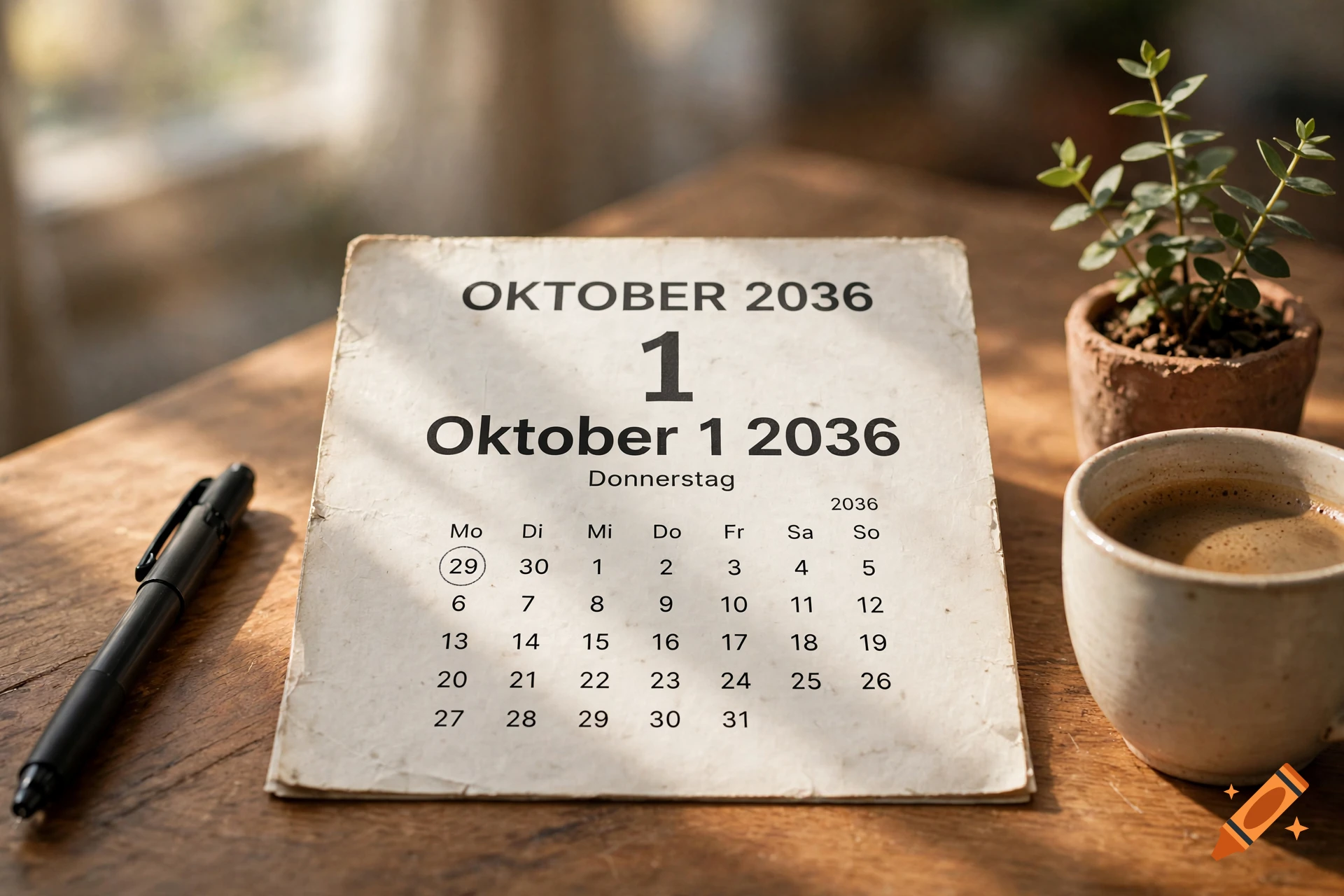 A vintage desk calendar showing October 1, 2036, next to a pen, coffee cup, and small potted plant on a wooden table.