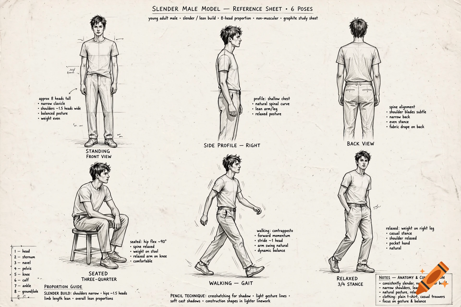 Pencil sketch character reference sheet of a slender young male in multiple poses with anatomical notes.