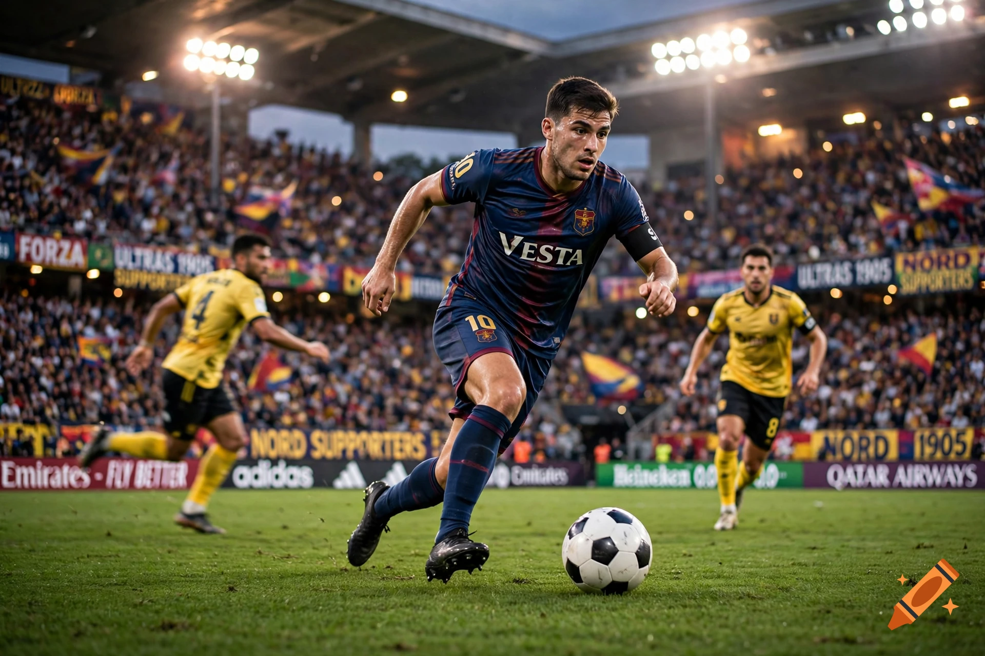 Photorealistic action shot of a soccer player dribbling the ball on a stadium pitch during a match.