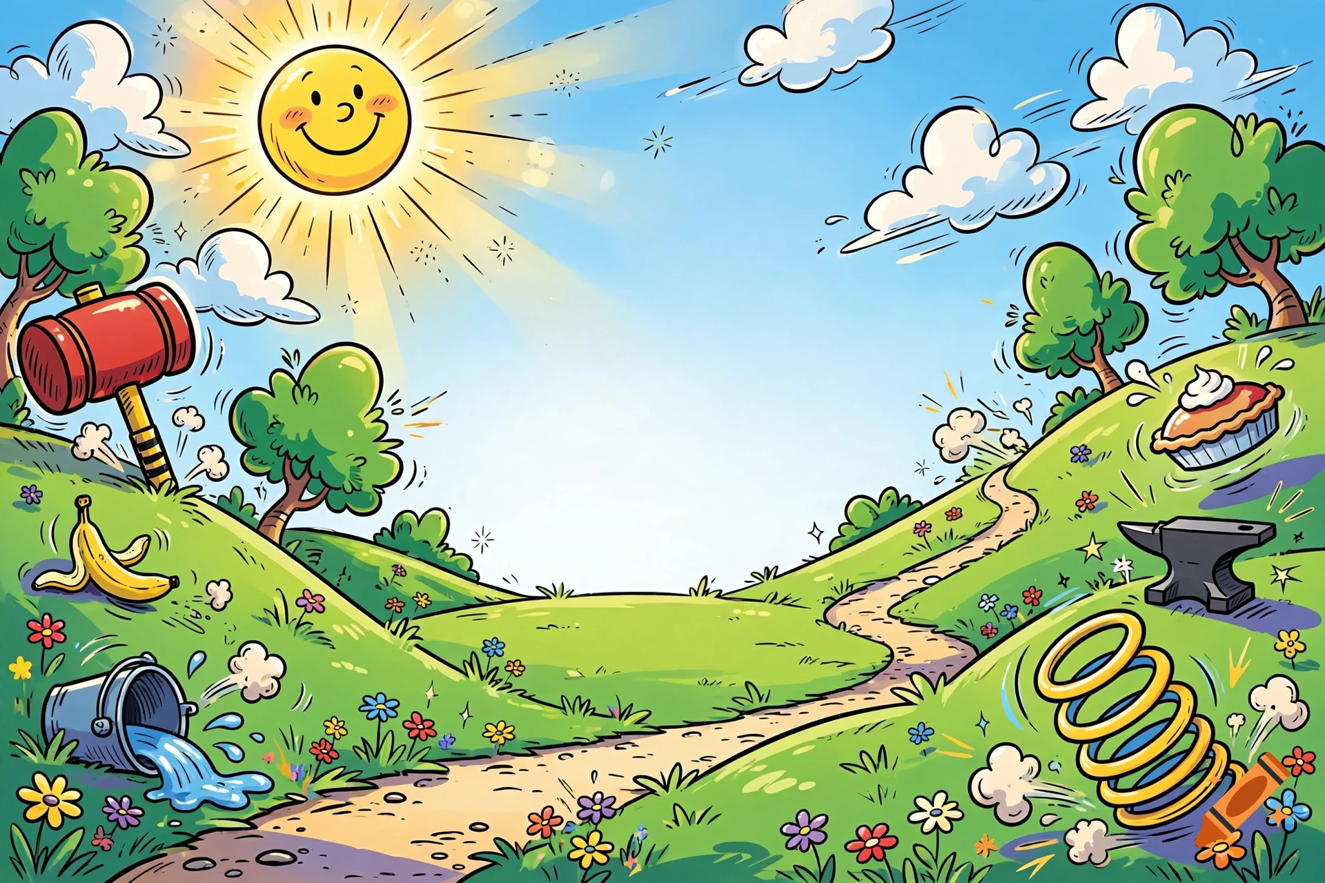 Looney Tunes style cartoon landscape with rolling green hills, a smiling sun, and various cartoon props like a mallet and anvil.