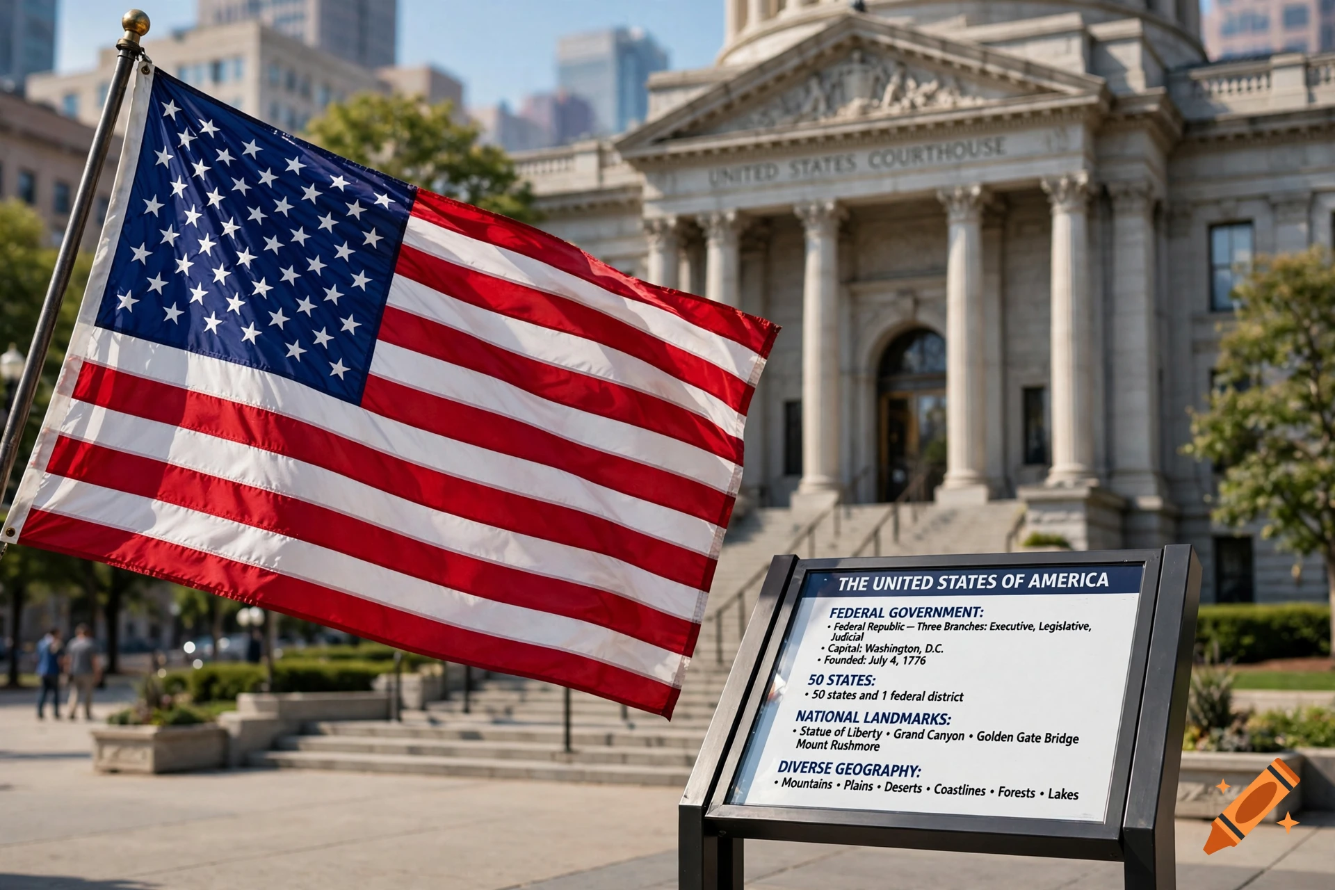 Photorealistic image of an American flag waving in the foreground with a United States courthouse and informational sign in the background.
